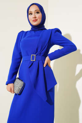 Taş Kemerli Elbise Saks - Tesettür Elbise