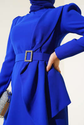 Taş Kemerli Elbise Saks - Tesettür Elbise