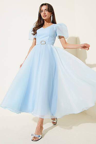 Taş Kemerlli Prenses Abiye Elbise Bebe Mavi - Kadın Giyim Modelleri