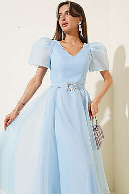 Taş Kemerlli Prenses Abiye Elbise Bebe Mavi - Kadın Giyim Modelleri