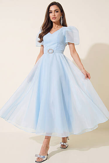 Taş Kemerlli Prenses Abiye Elbise Bebe Mavi - Kadın Giyim Modelleri