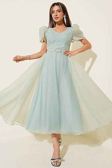 Taş Kemerlli Prenses Abiye Elbise Mint - Kadın Giyim Modelleri