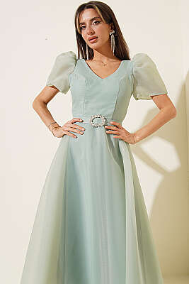 Taş Kemerlli Prenses Abiye Elbise Mint - Kadın Giyim Modelleri