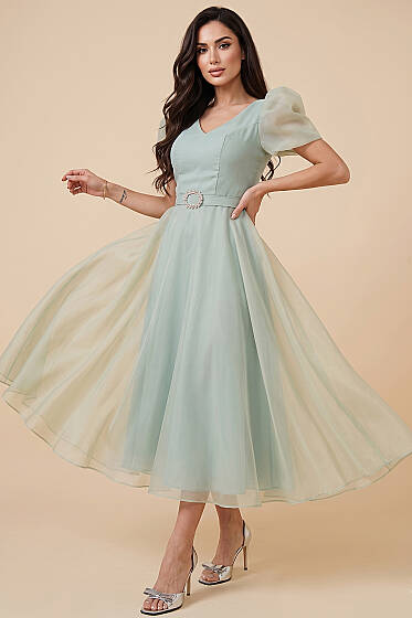 Taş Kemerlli Prenses Abiye Elbise Mint - Kadın Giyim Modelleri