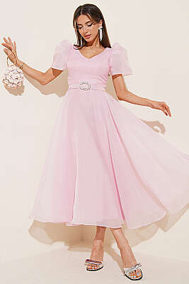 Taş Kemerlli Prenses Abiye Elbise Pudra - DANS LİFE