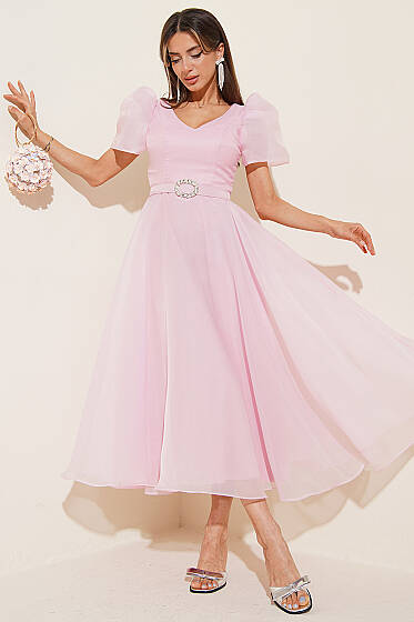 Taş Kemerlli Prenses Abiye Elbise Pudra - Kadın Giyim Modelleri