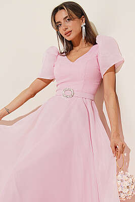 Taş Kemerlli Prenses Abiye Elbise Pudra - Kadın Giyim Modelleri