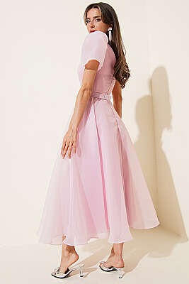 Taş Kemerlli Prenses Abiye Elbise Pudra - Kadın Giyim Modelleri