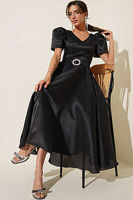 Taş Kemerlli Prenses Abiye Elbise Siyah - DANS LİFE