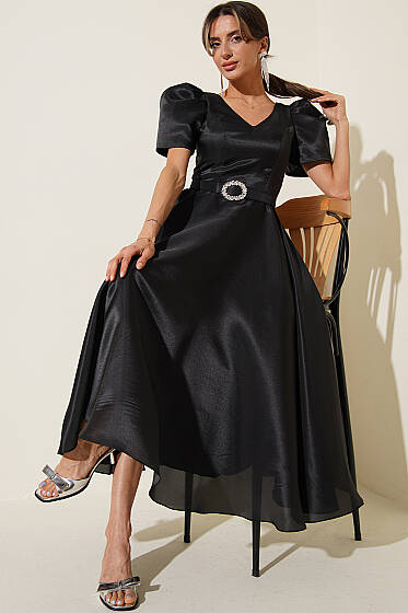 Taş Kemerlli Prenses Abiye Elbise Siyah - Kadın Giyim Modelleri