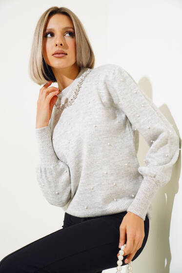 Taş Kolyeli Kısa Triko Kazak Gri - Yeni Giyim