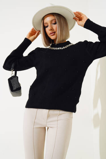 Taş Kolyeli Kısa Triko Kazak Siyah - Yeni Giyim