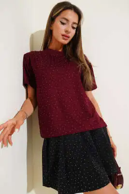 Taş Kristal T-shirt Bordo 
