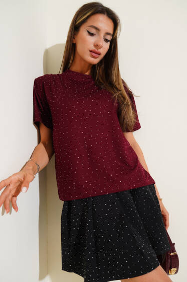 Taş Kristal T-shirt Bordo - Kadın Giyim Modelleri