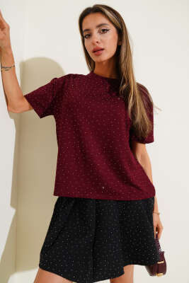 Taş Kristal T-shirt Bordo - Kadın Giyim Modelleri