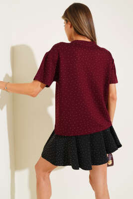 Taş Kristal T-shirt Bordo - Kadın Giyim Modelleri
