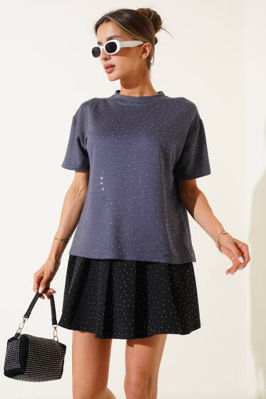 Taş Kristal T-shirt Kayrak Grisi - Kadın Giyim Modelleri