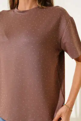 Taş Kristal T-shirt Latte - Kadın Giyim Modelleri