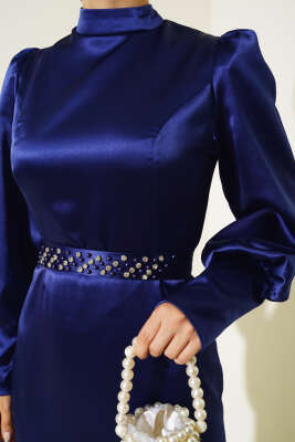 Taş Kuşaklı Elbise Lacivert - Tesettür Elbise