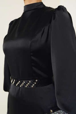 Taş Kuşaklı Elbise Siyah - Tesettür Elbise