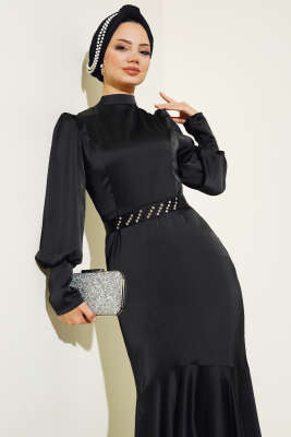 Taş Kuşaklı Elbise Siyah - Tesettür Elbise
