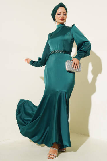 Taş Kuşaklı Elbise Zümrüt - Tesettür Elbise