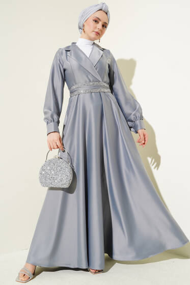 Taş Kuşaklı Kruvaze Yaka Saten Elbise Gri - Elbise
