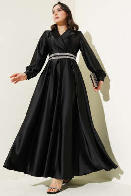 Taş Kuşaklı Kruvaze Yaka Saten Elbise Siyah - Tesettür Elbise