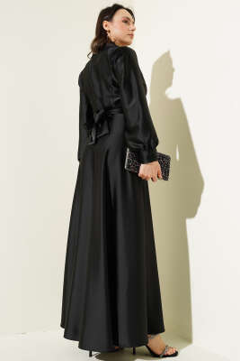 Taş Kuşaklı Kruvaze Yaka Saten Elbise Siyah - Tesettür Elbise
