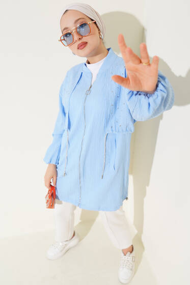 Taş Pelerinli Fermuarlı Kap Bebe Mavi - Dış Giyim&Mont