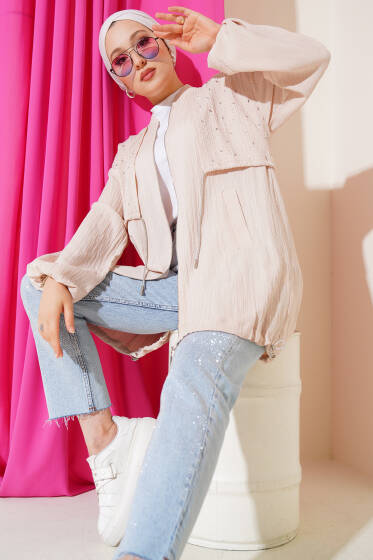 Taş Pelerinli Fermuarlı Kap Bej - Dış Giyim&Mont