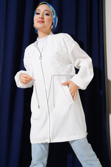 Taş Pelerinli Fermuarlı Kap Beyaz - Dış Giyim&Mont