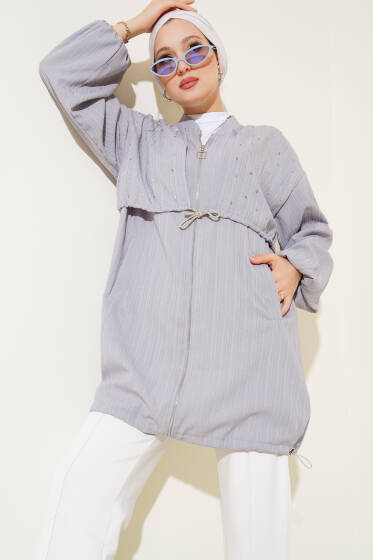 Taş Pelerinli Fermuarlı Kap Gri - Dış Giyim&Mont