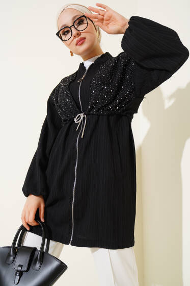 Taş Pelerinli Fermuarlı Kap Siyah - Dış Giyim&Mont