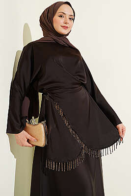 Taş Püsküllü Saten Etekli Takım Acı Kahve - DENİZ LIFE