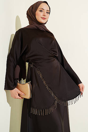 Taş Püsküllü Saten Etekli Takım Acı Kahve - İkili Takım