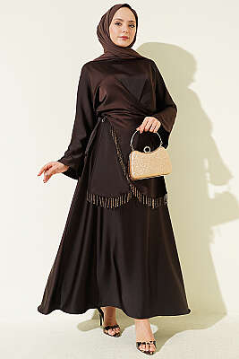 Taş Püsküllü Saten Etekli Takım Acı Kahve - İkili Takım