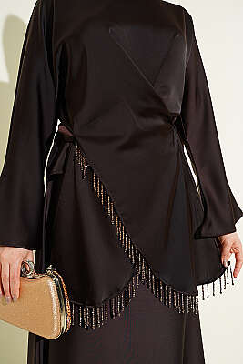 Taş Püsküllü Saten Etekli Takım Acı Kahve - İkili Takım