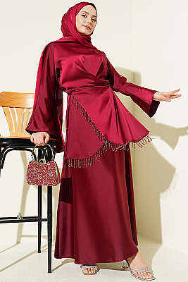 Taş Püsküllü Saten Etekli Takım Bordo - DENİZ LIFE