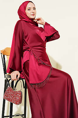 Taş Püsküllü Saten Etekli Takım Bordo - İkili Takım