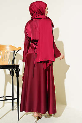 Taş Püsküllü Saten Etekli Takım Bordo - İkili Takım