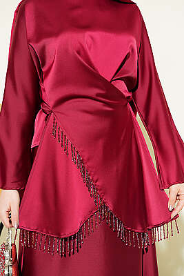 Taş Püsküllü Saten Etekli Takım Bordo - İkili Takım