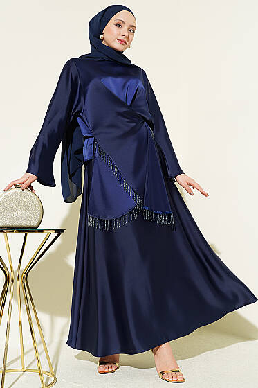 Taş Püsküllü Saten Etekli Takım Lacivert - İkili Takım