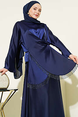 Taş Püsküllü Saten Etekli Takım Lacivert - İkili Takım