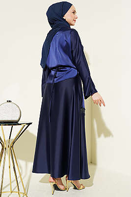 Taş Püsküllü Saten Etekli Takım Lacivert - İkili Takım