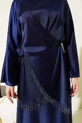 Taş Püsküllü Saten Etekli Takım Lacivert - İkili Takım