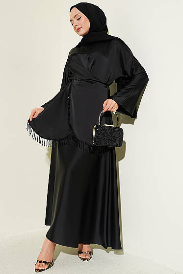 Taş Püsküllü Saten Etekli Takım Siyah - İkili Takım