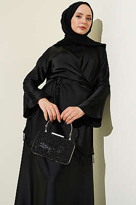 Taş Püsküllü Saten Etekli Takım Siyah - İkili Takım