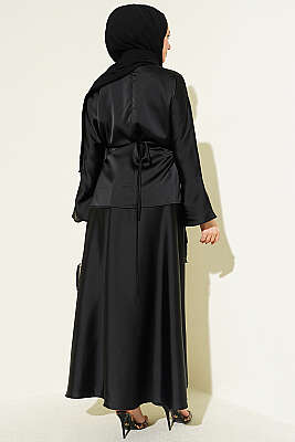 Taş Püsküllü Saten Etekli Takım Siyah - İkili Takım