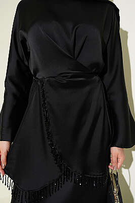 Taş Püsküllü Saten Etekli Takım Siyah - İkili Takım